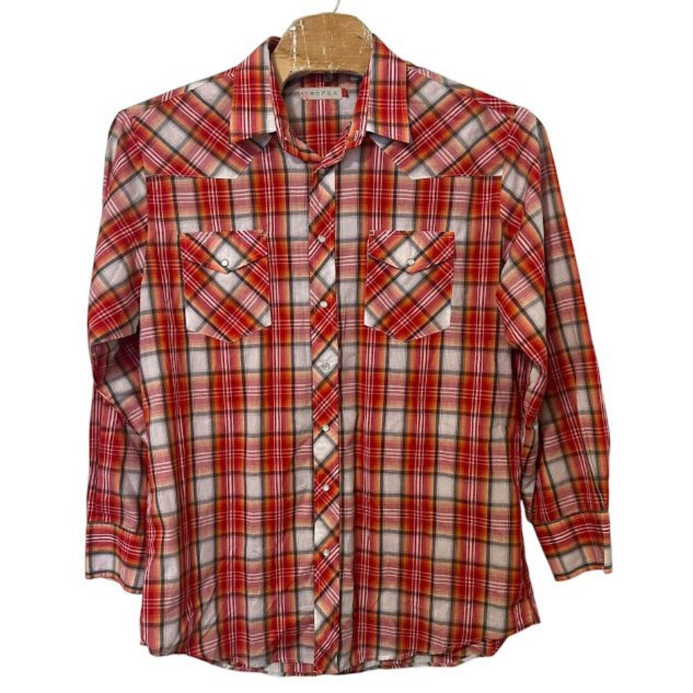 Roper Red Orange Plaid Western Long Sleeve‎ Pearl Snap Button Shirt Mens 2XL